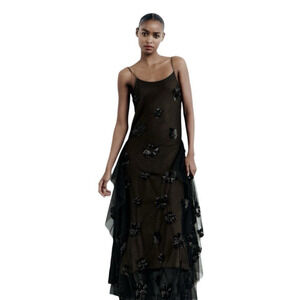 ZARA Evening Dress Size Small Black Tulle Sequin Flowers Wool Mesh
